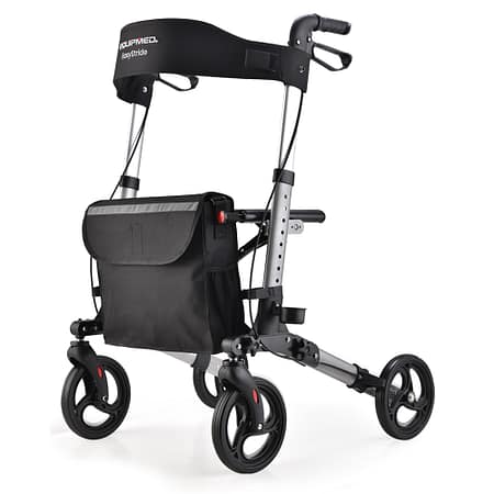 EQUIPMED Foldable Aluminium Walking Frame Rollator with Bag and Seat | Silver