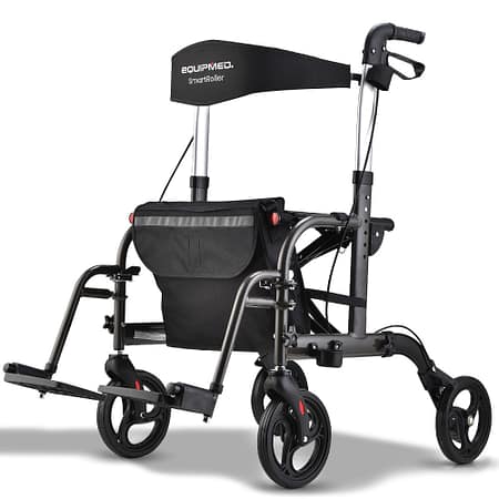 EQUIPMED 2-in-1 Foldable Aluminium Walking Frame Rollator and Transit Wheelchair with Bag |Titanium colour