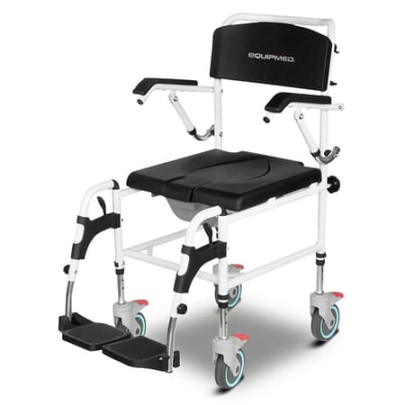 Equipmed Commode Shower Chair| Over Toilet or Bedside 136kg Capacity Aluminium frame with Wheels| Black