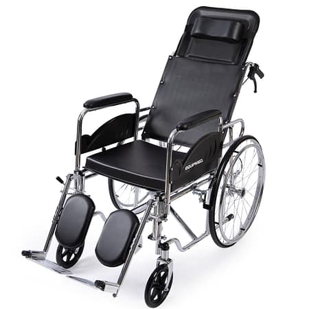 Equipmed Folding Manual Reclining Wheelchair Self Propelled | 24 Rear Wheels | Chrome Steel Frame | 100kg Capacity