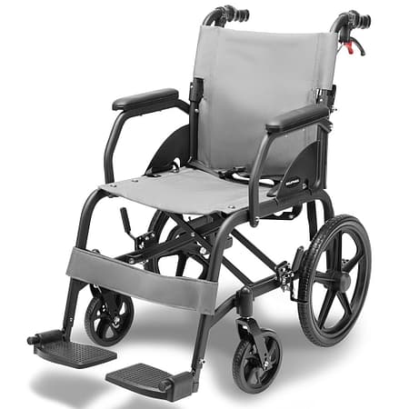 Equipmed Folding Transit Wheelchair| Lightweight Aluminium for Easy Transport| Grey