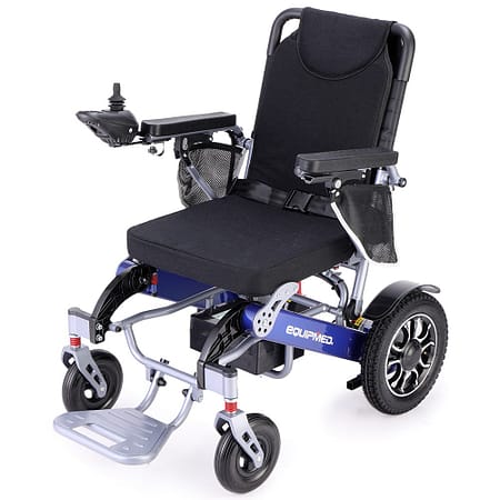 EQUIPMED Power Electric Wheelchair, Long Range| Airline Approved| Folding| Aluminium Frame| Lithium Battery| Blue