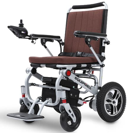 EQUIPMED Ultra-Light Power Wheelchair| Tight Turning| Airline Approved| ARTG Certified| Aluminium Frame| Lithium Battery| Brown